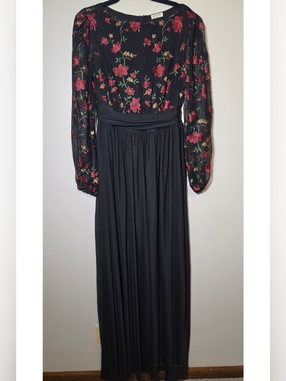Kiyonna Black Maxi Dress with Red Floral Embroidery Mesh Embroidered Sleeves
